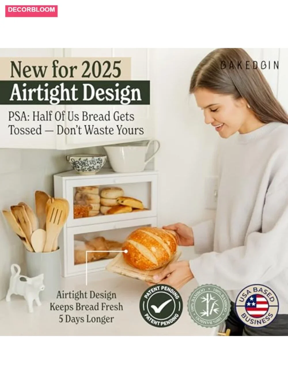 Extra Large Bamboo Corner Bread Box with Airtight Double Layer Storage for